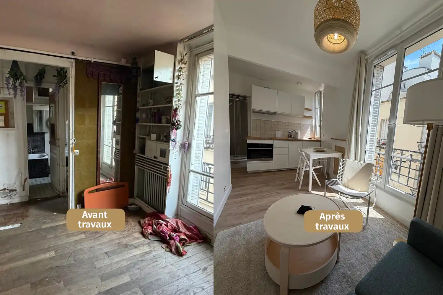 Photo d'un investissement locatif à Paris dans le 14eme arrondissement, comparatif avant et après travaux de rénovation