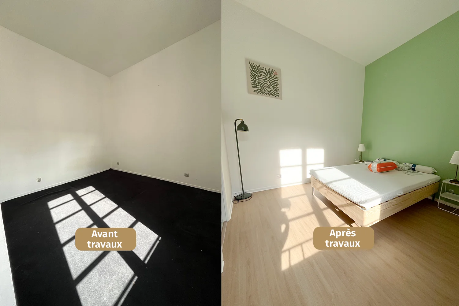photo comparative avant et après travaux d'une chambre d'un investissement locatif à Rouen