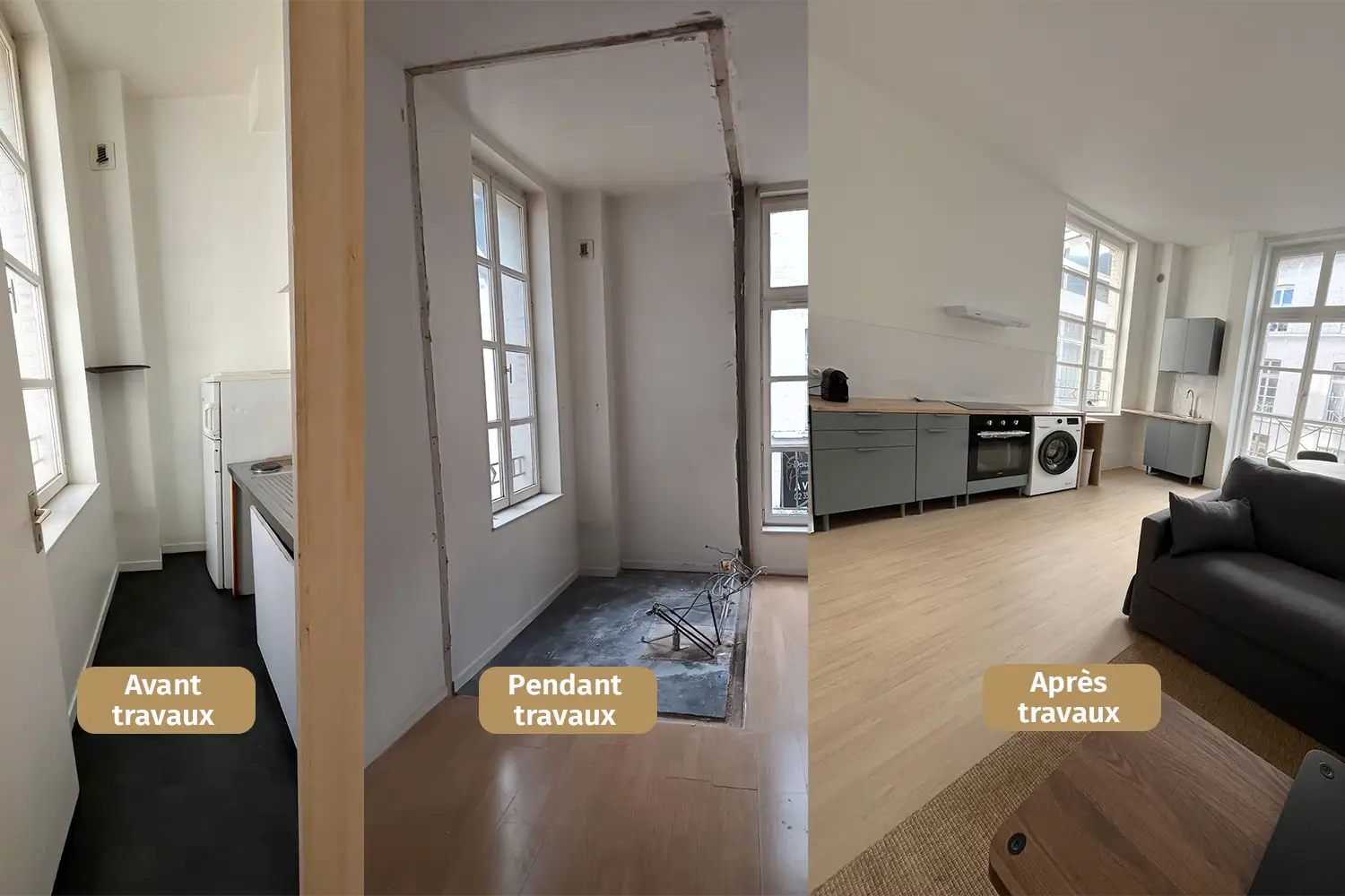 photo comparative avant et après travaux d'une cuisine d'un investissement locatif à Rouen