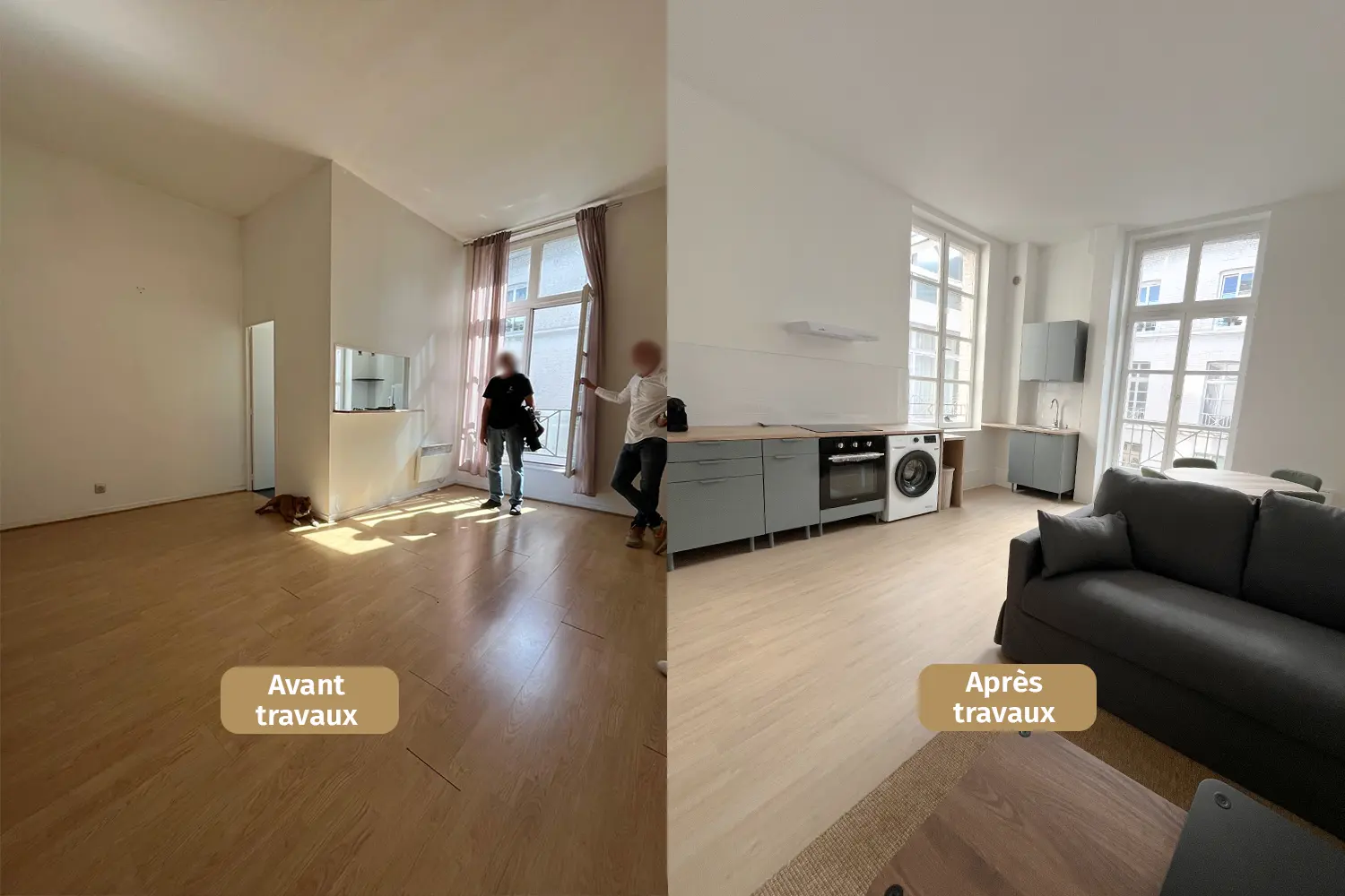 photo comparative avant et après travaux d'une cuisine d'un investissement locatif à Rouen