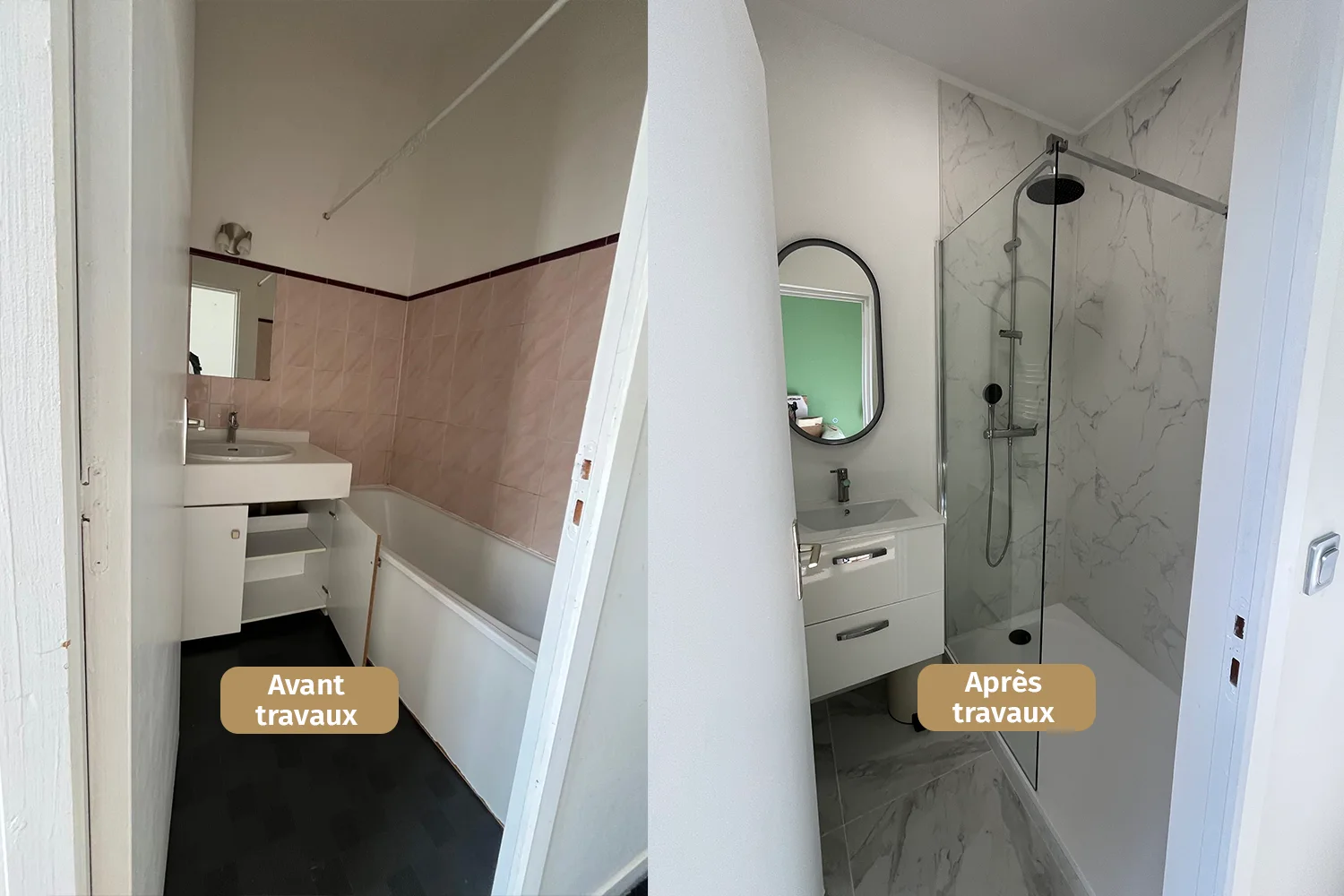 photo comparative avant et après travaux d'une salle d'eau d'un investissement locatif à Rouen